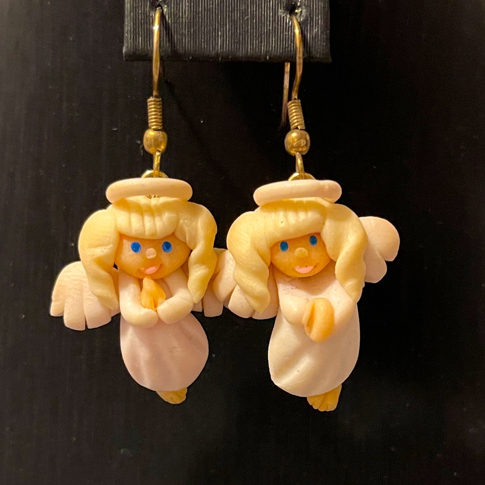 Vintage Handmade Clay Angel Halo Holy Dangle Earrings  Holiday Christmas Winter